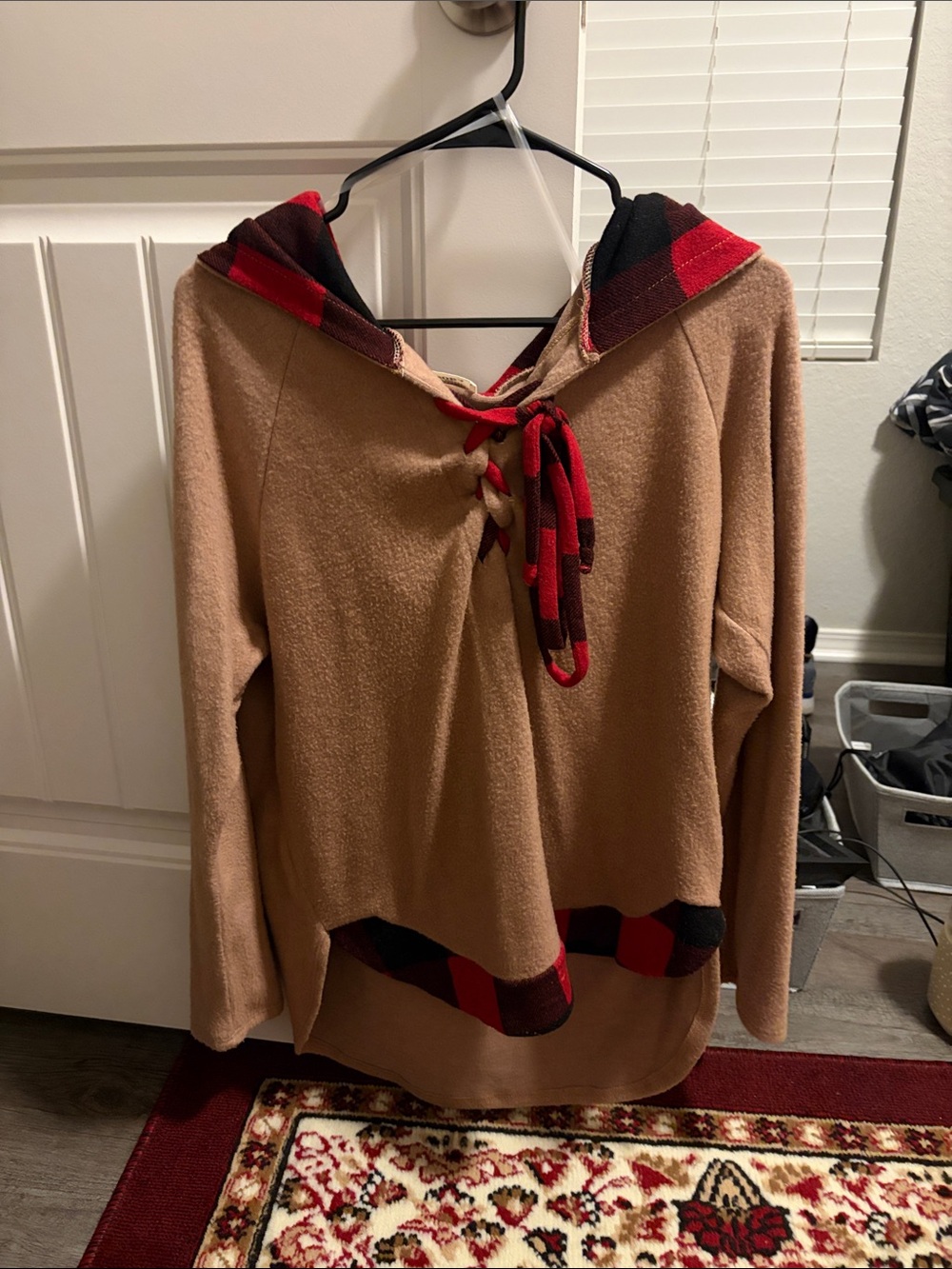 ADORA Camel Off-Shoulder Sweater with Red Plaid Accents
